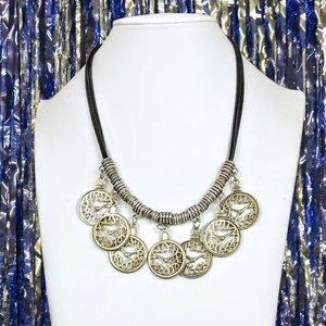 Antique Gold Finish "CLOCK" Leather Cords Collar Statement Necklace